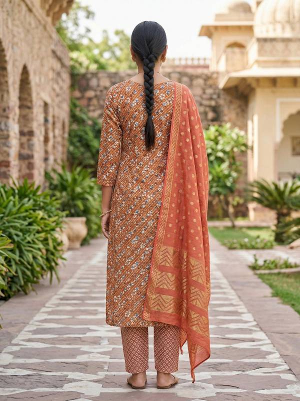 Floral Rust Orange Cotton Kurti Pant Dupatta Set (3-Pc Set) Thumbnail