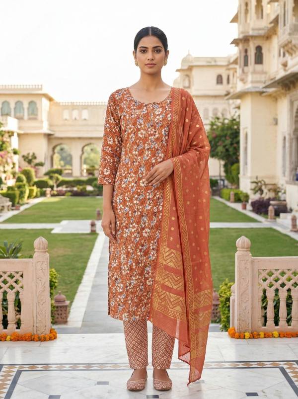 Rust Orange Cotton Printed Kurti Pant Dupatta Set (3-Pc Set)