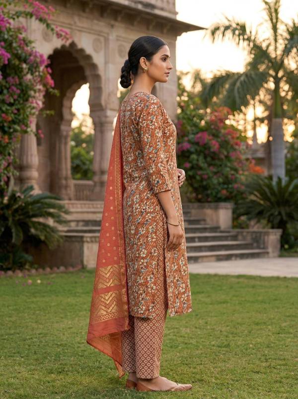 Floral Rust Orange Cotton Kurti Pant Dupatta Set (3-Pc Set) Thumbnail