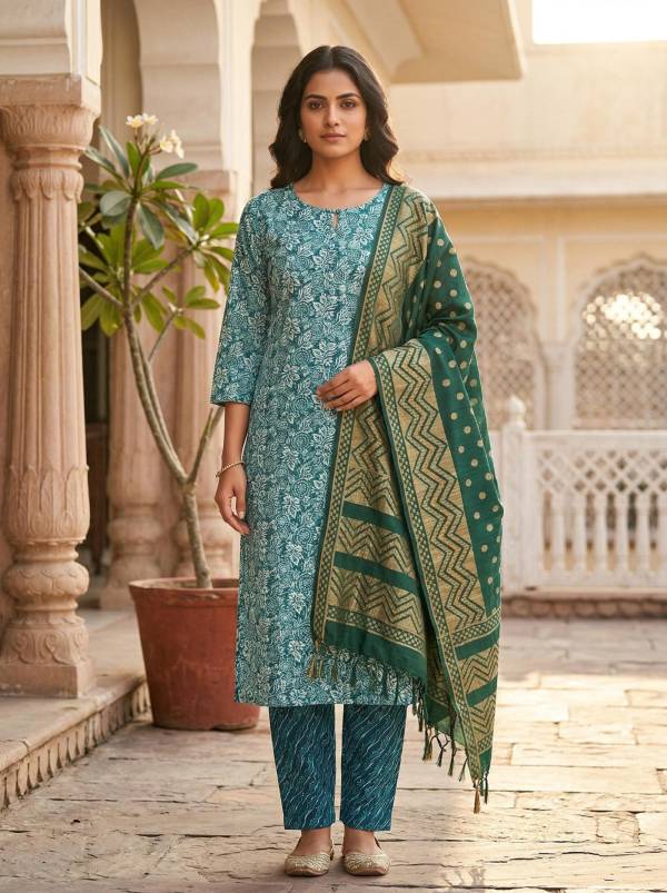 Teal Green Cotton Printed Kurti Pant Dupatta Set (3-Pc Set) Thumbnail